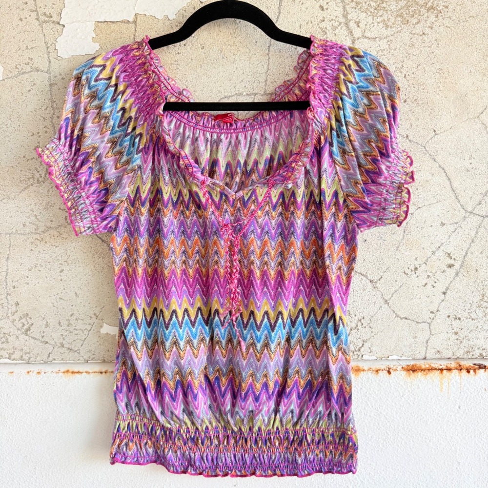 Y2K Bongo Peasant Top Chevron Zigzag Print Smocked Waist Boho Blouse Groovy L